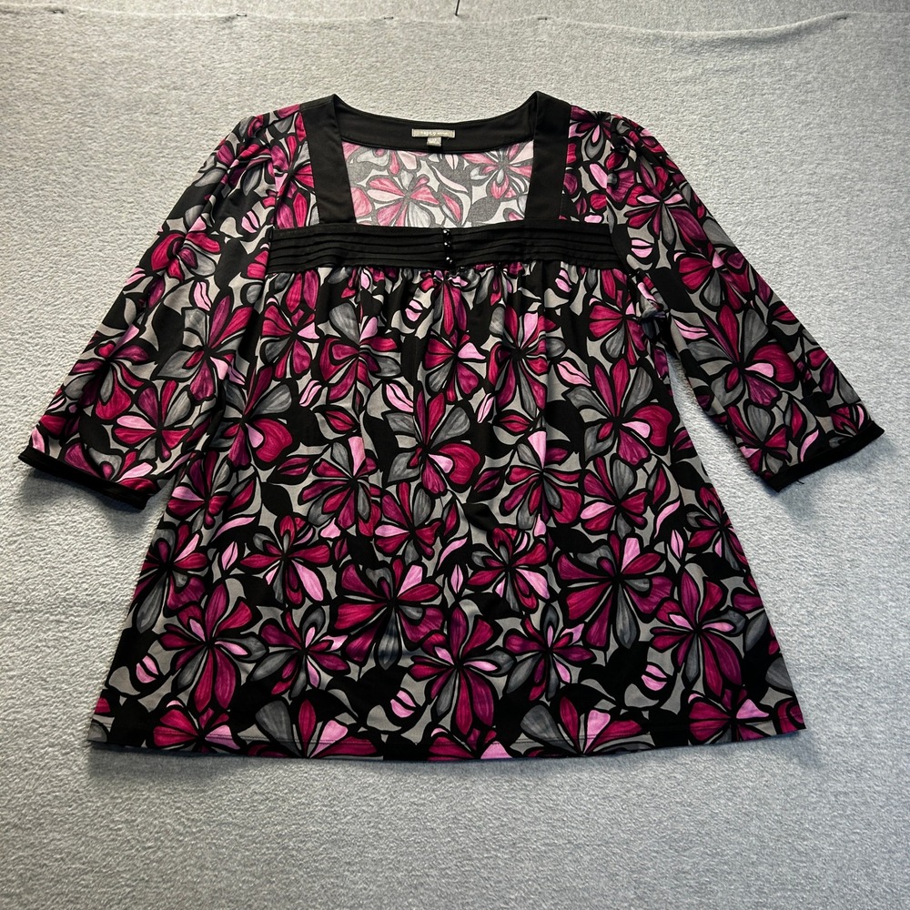Apt 9 Empire Waist Tunic Top Woman Womens 1X Pink Black Floral  Square Neck